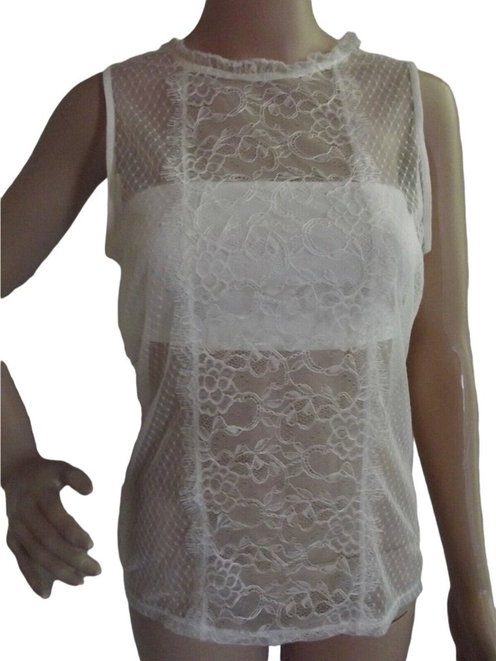 Express Lace Tank Top Womens Medium Ivory Mock Neck Sleeveless Bandeau (M 8-10)